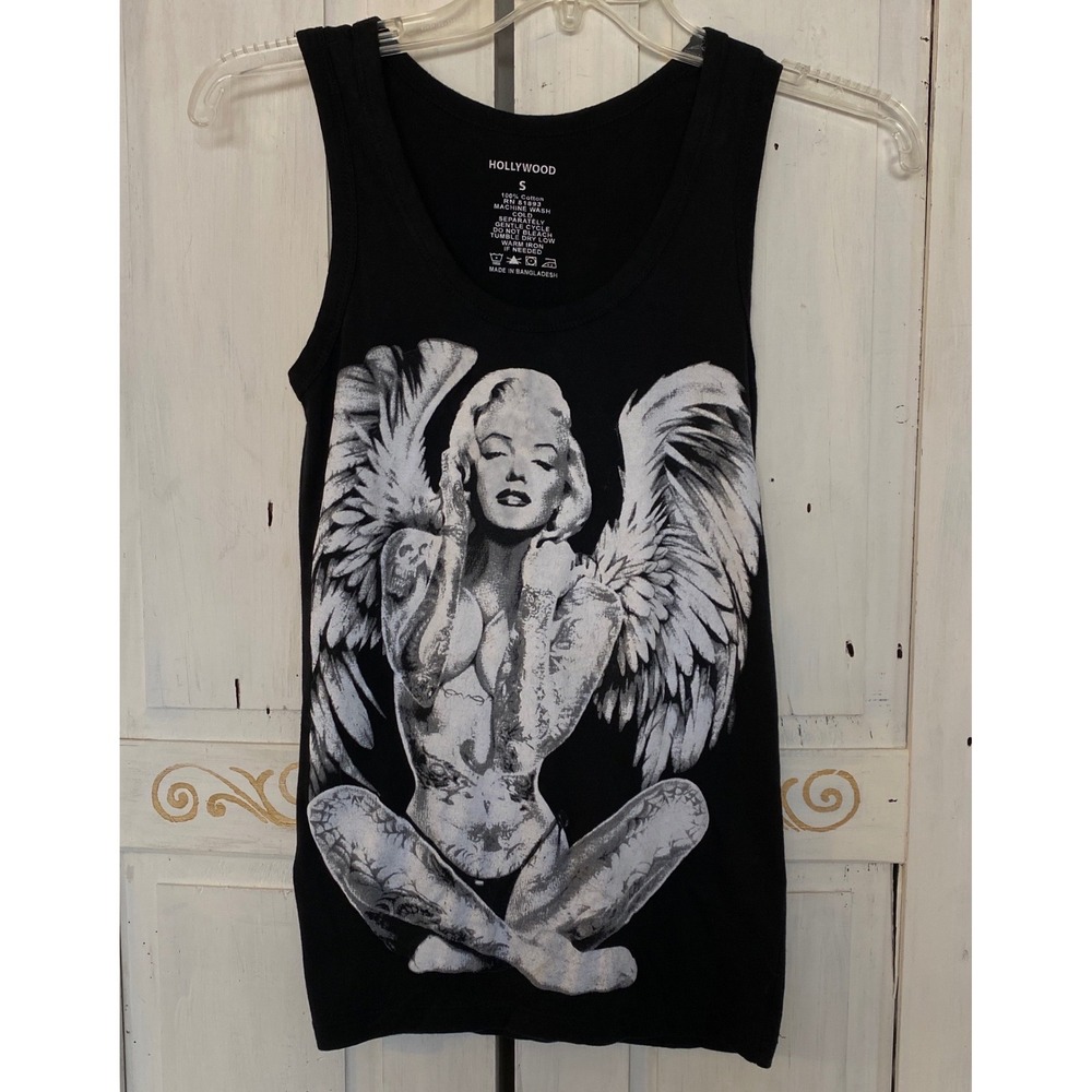 Hollywood Marilyn Monroe Angel Wings Tattoo Graphic Tank Top Black Small Goth